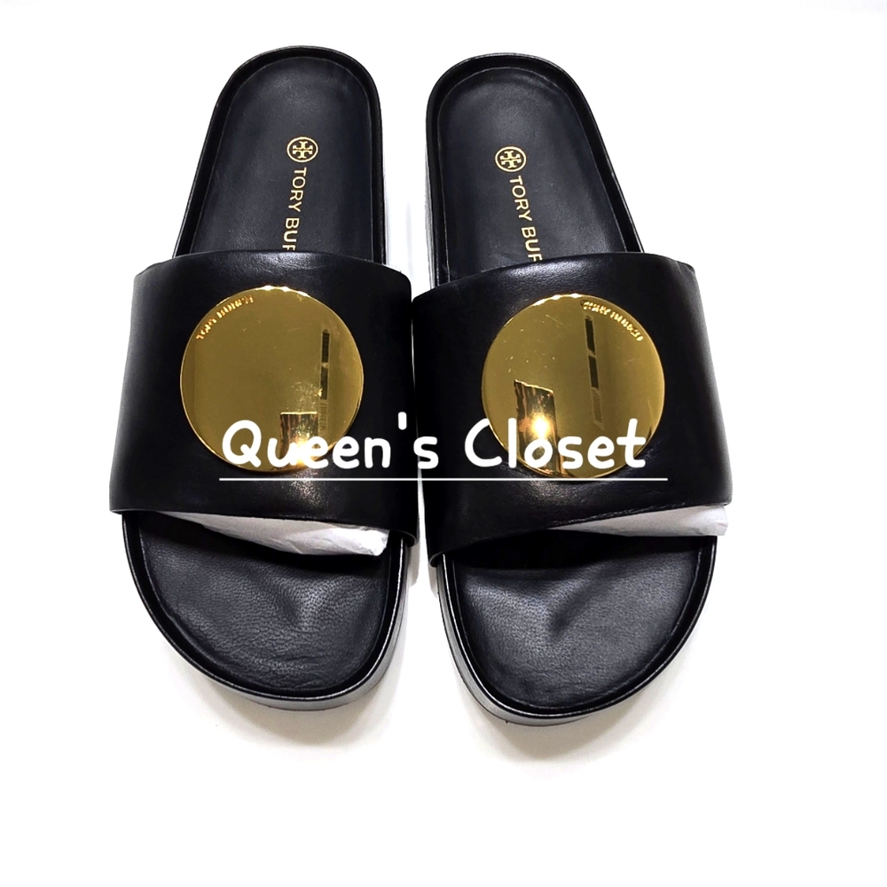 Tory Burch Black Slide Sandals W/Gold Embellishment 💥BRAND NEW